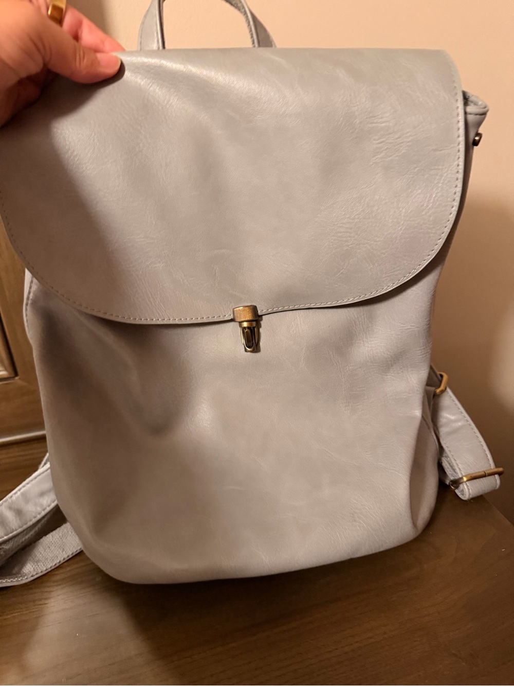 Joy Susan Light Gray Flap Backpack with Gold-Tone Clasp